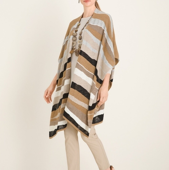 Chicos one size Textured Wave Stripe Ruana Wrap poncho - Picture 2 of 6